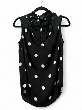 Ann Taylor Polka Dot Smocked Mock Neck Blouse XS Sleeveless Black White Work